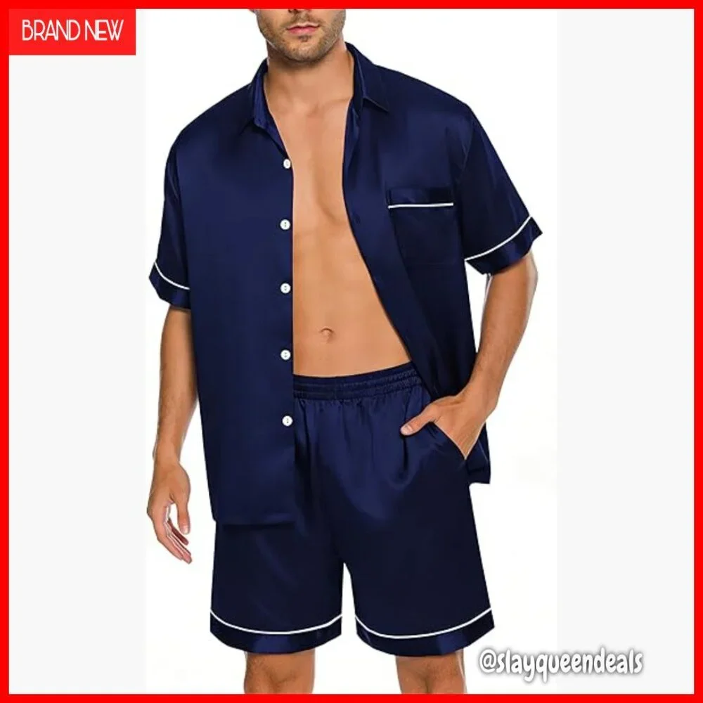 Men's Silk Satin Pajama Set Short Sleeve Button Down Sleepwear with Pockets